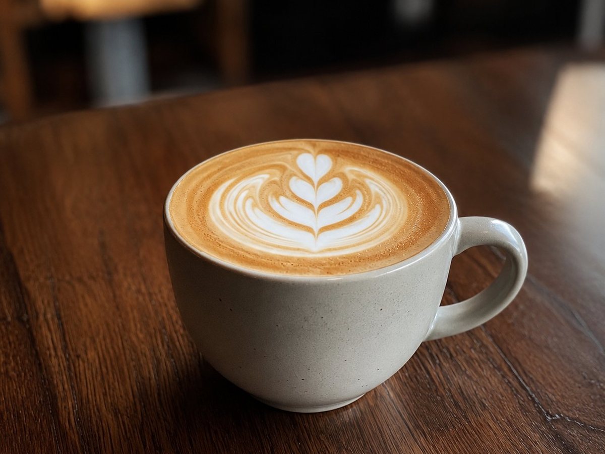 Cappuccino avec dessin de rosetta posé sur une table en bois