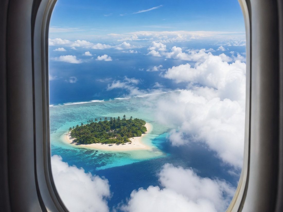 Petit atoll tropical vu depuis le hublot d'un avion