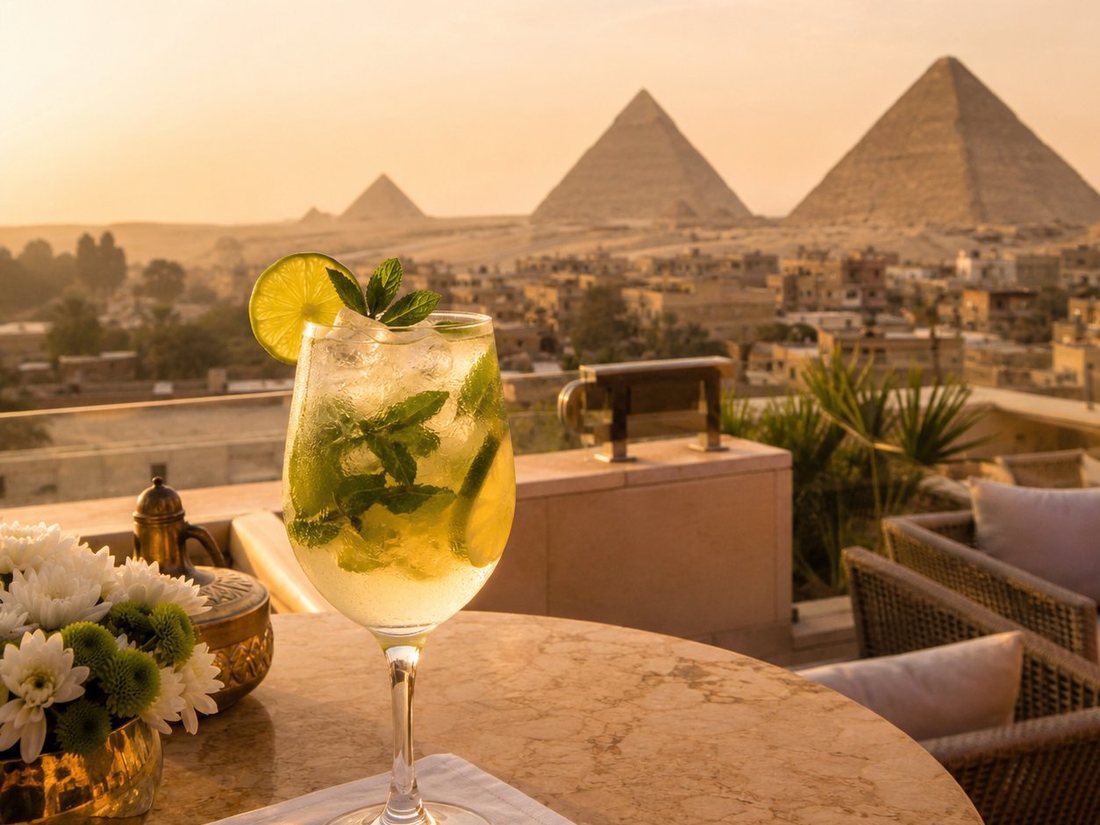 Terrasse au coucher du soleil avec vue sur des pyramides au loin