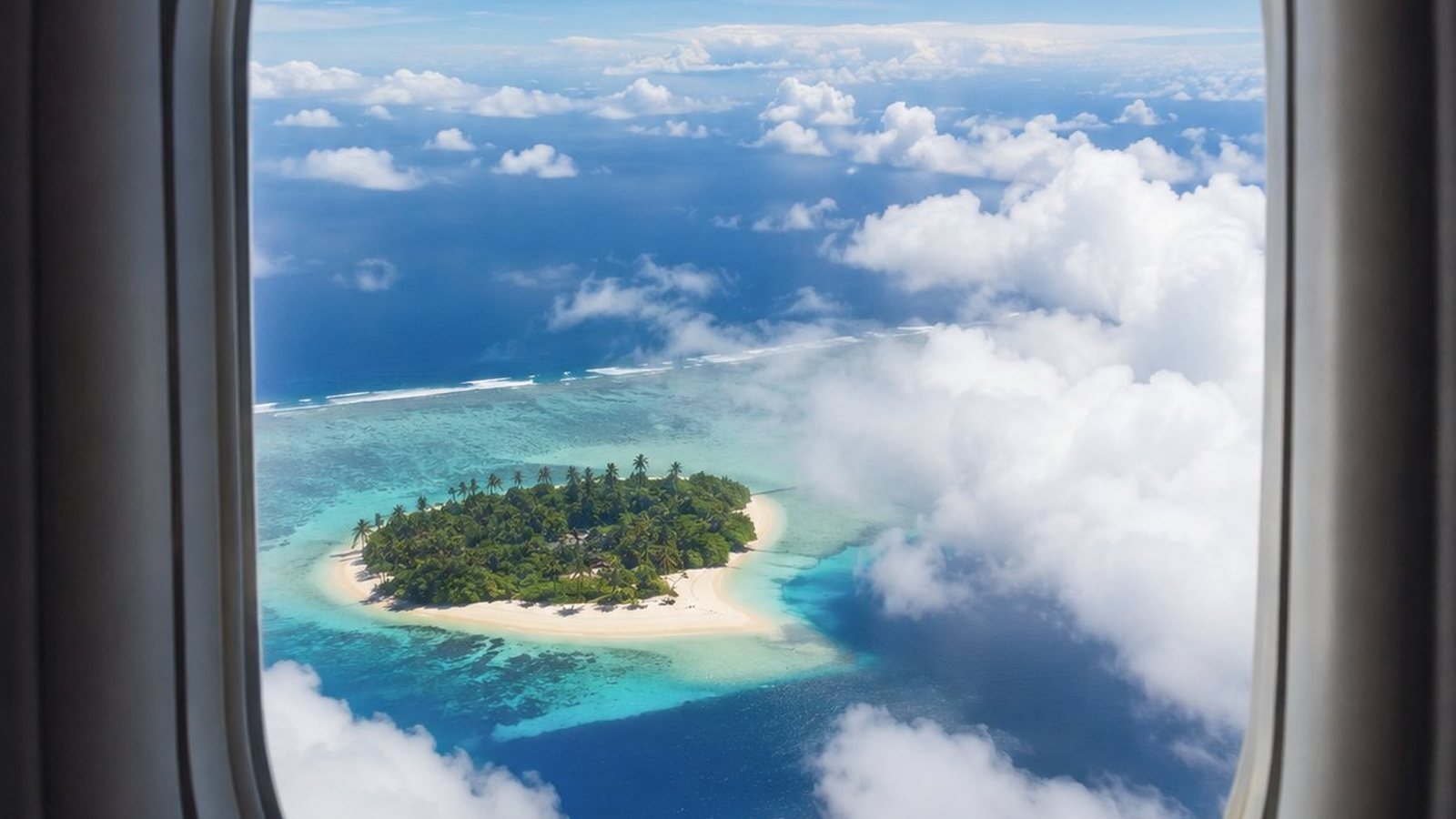Vue sur l'océan et une île depuis le hublot d'un avion